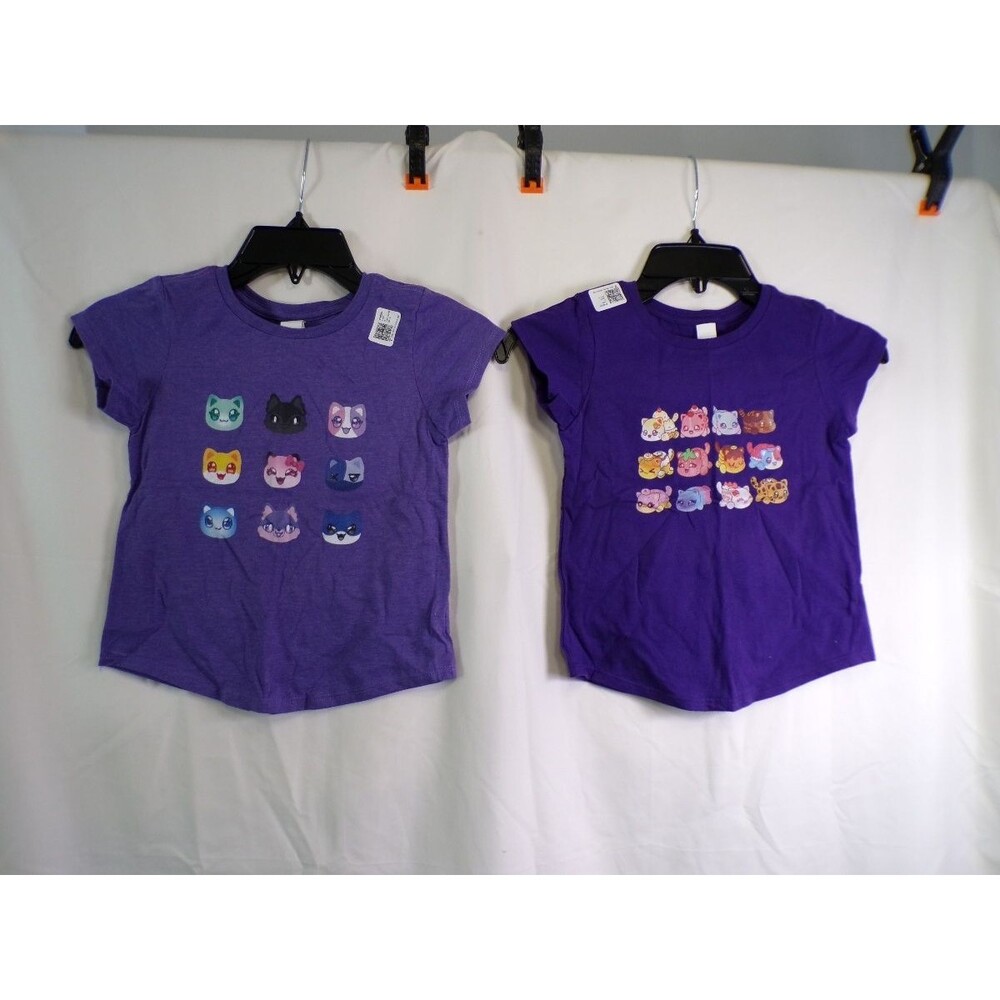 Lot of 2 DISTRICT Girls XS Purple Graphic T-Shirts Cat Face Short Sleeve